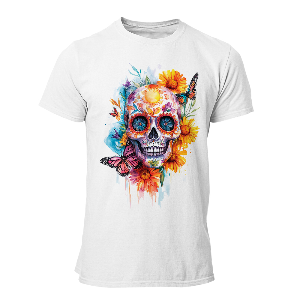 CAMISETA-HOMBRE-NUEVA-SUGAR SKULL-BUTTERFLIES AND FLOWERS WH