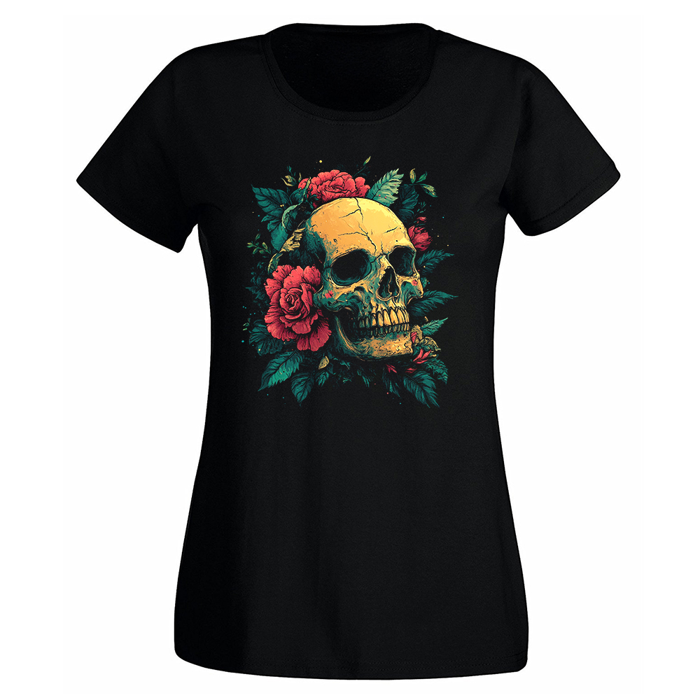 CAMISETA-MUJER-NUEVA-SKULL-FLOWERS AND LEAVES ART