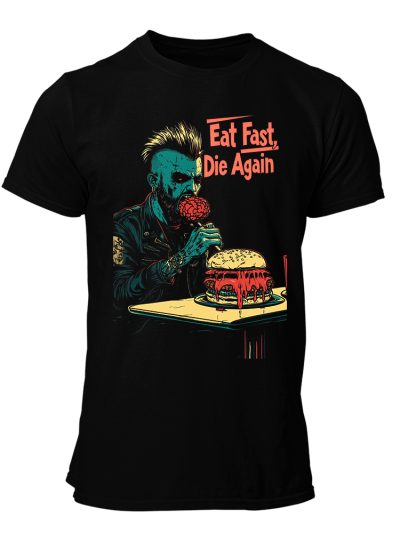 CAMISETA-HOMBRE-NUEVA-ZOMBIE-EAT FAST DIE AGAIN