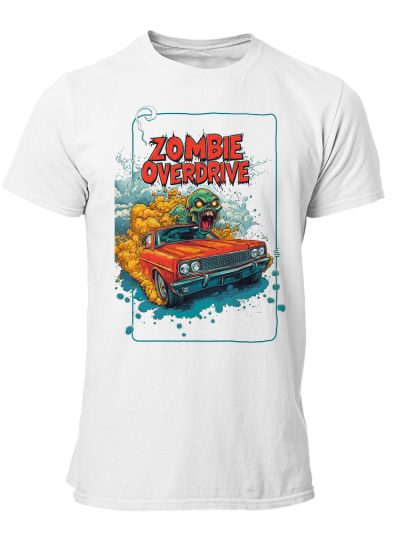 CAMISETA-HOMBRE-NUEVA-ZOMBIE-OVERDRIVE RED CAR FIRE WH