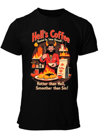 CAMISETA-HOMBRE-NUEVA-HELLS COFFEE-ROASTED BY SATAN HIMSELF