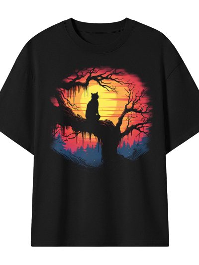 Camiseta Oversize Black Cat Sunset Tree - Arte Nocturno Alternativo