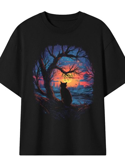Camiseta Oversize Black Cat Melancholy Sunset - Arte Nocturno Emocional