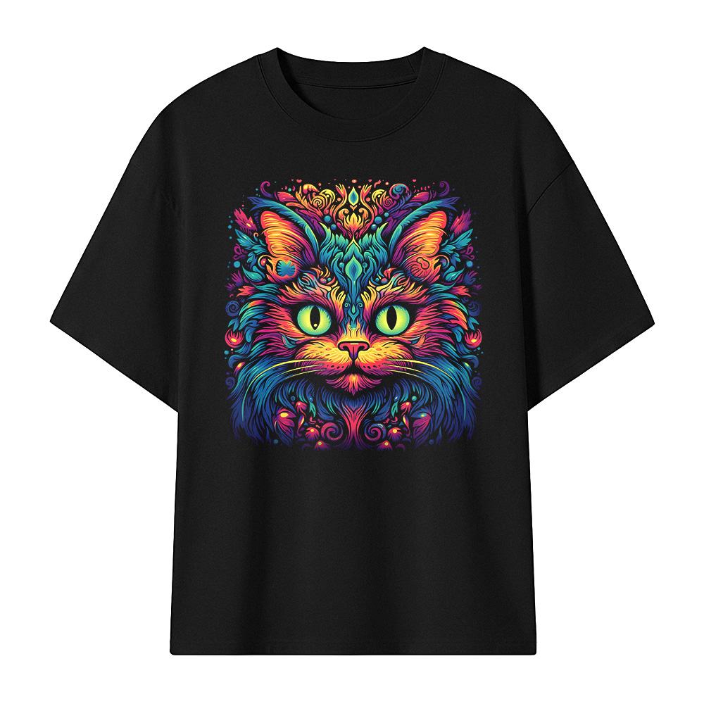 Camiseta Oversize Neon Spirit Cat - Arte Psicodélico