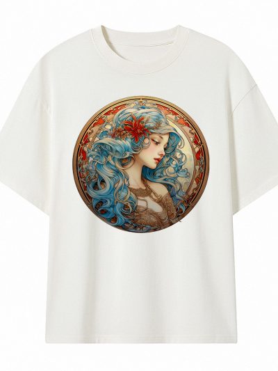 Camiseta Oversize Victorian Girl Blue Hair Art – Streetwear Art Nouveau Vintage