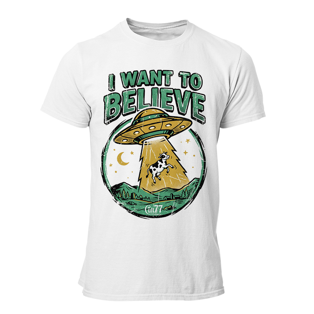 Camiseta hombre I Want to Believe | Cattle Abduction & UFO Farmland Cinema